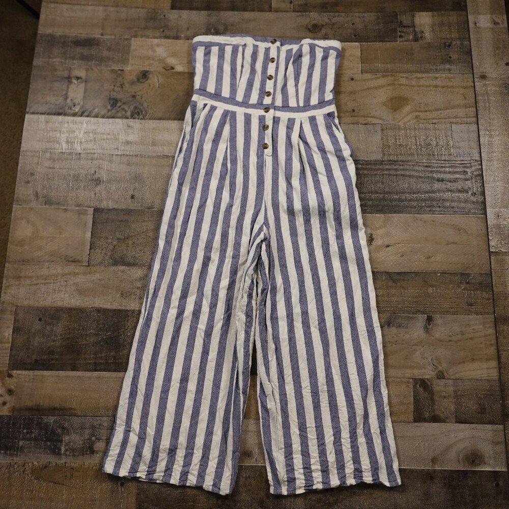American Eagle Strapless Wide-Leg Jumpsuit - Women's Medium white blue coastal
